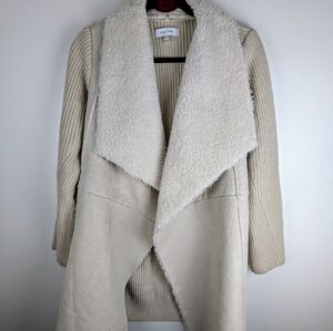 John & Jenn faux fur shearling wrap chunky knit cardigan jacket NEW XS‎ cream